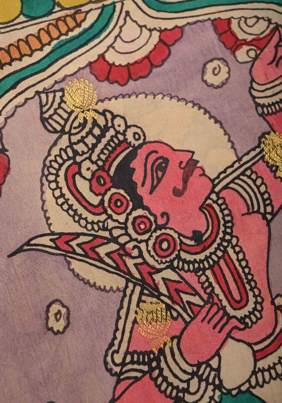 Unique Dashavataram - Authentic Pen Kalamkari on Pure Kanjivaram silk with Zari buttas and purple border | SILK MARK CERTIFIED