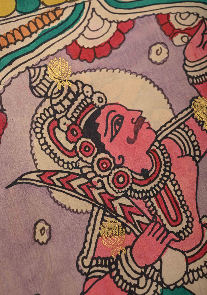 Unique Dashavataram - Authentic Pen Kalamkari on Pure Kanjivaram silk with Zari buttas and purple border | SILK MARK CERTIFIED