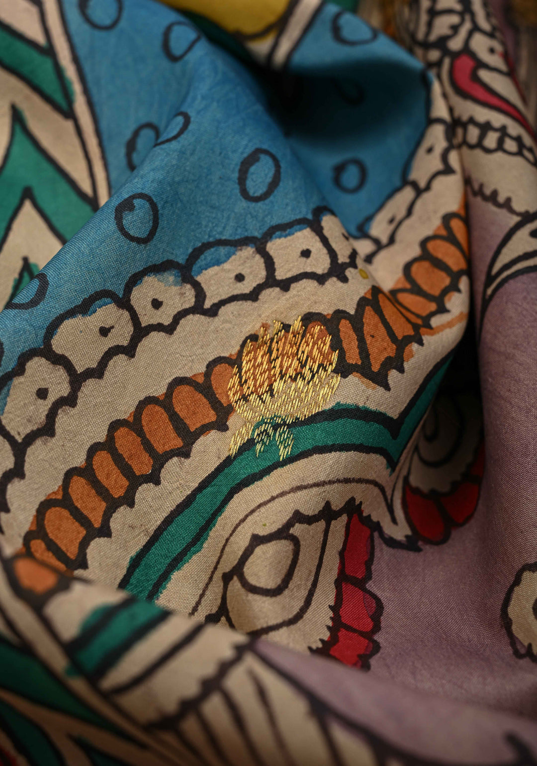 Unique Dashavataram - Authentic Pen Kalamkari on Pure Kanjivaram silk with Zari buttas and purple border | SILK MARK CERTIFIED