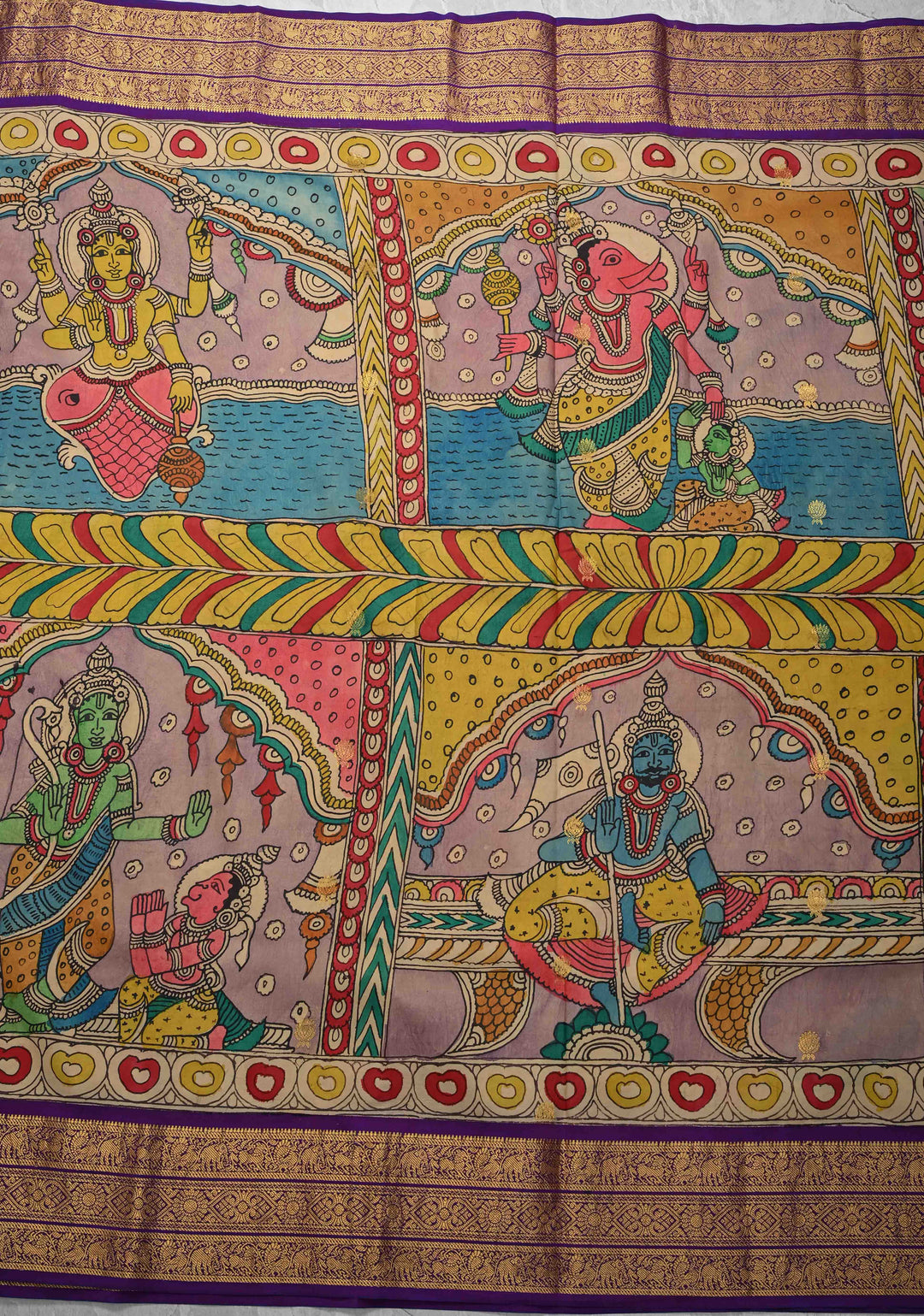 Unique Dashavataram - Authentic Pen Kalamkari on Pure Kanjivaram silk with Zari buttas and purple border | SILK MARK CERTIFIED