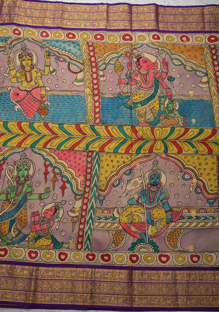 Unique Dashavataram - Authentic Pen Kalamkari on Pure Kanjivaram silk with Zari buttas and purple border | SILK MARK CERTIFIED