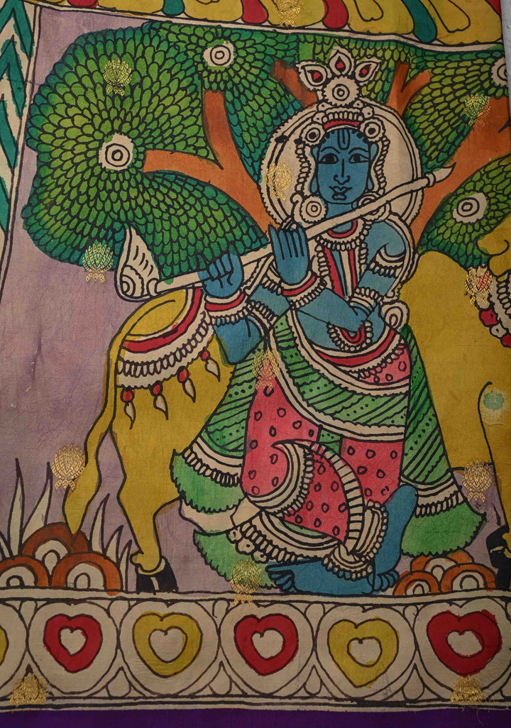 Unique Dashavataram - Authentic Pen Kalamkari on Pure Kanjivaram silk with Zari buttas and purple border | SILK MARK CERTIFIED
