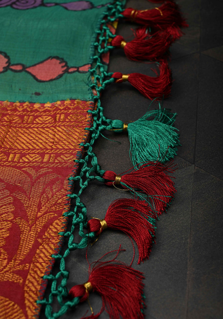 Floral and Peacock Theme : Green Authentic Pen kalamkari on Pure Chennuri Silk Saree with Wide Zari Border