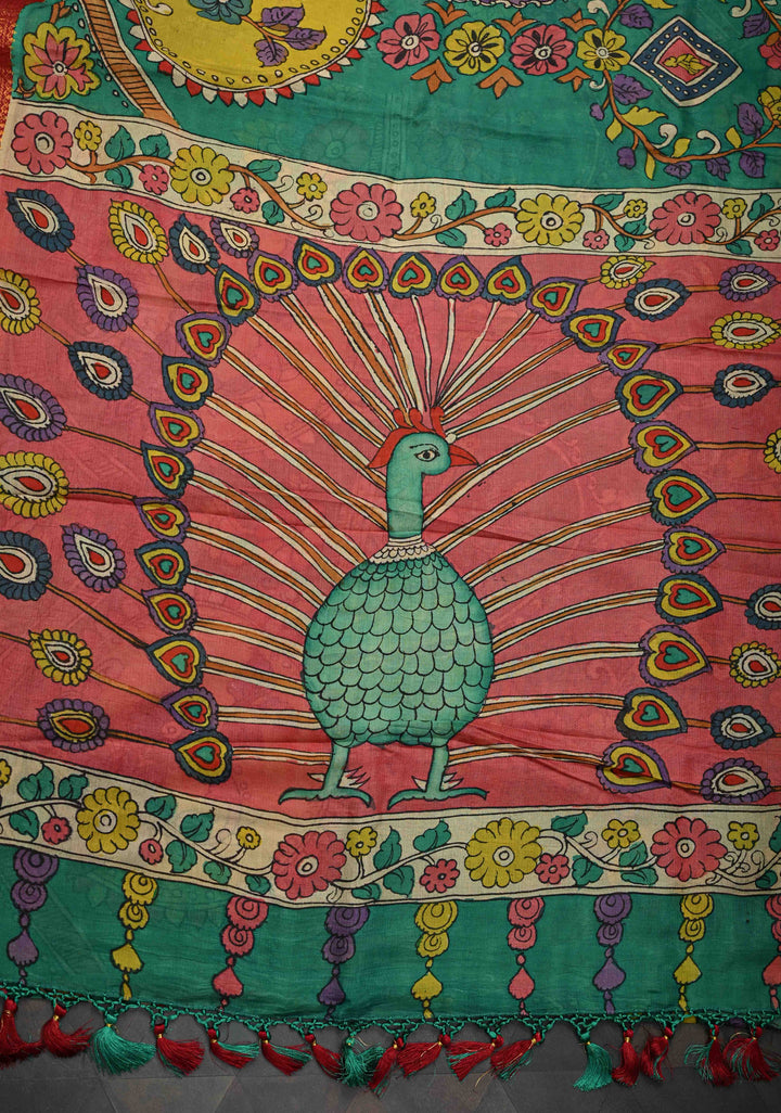 Floral and Peacock Theme : Green Authentic Pen kalamkari on Pure Chennuri Silk Saree with Wide Zari Border