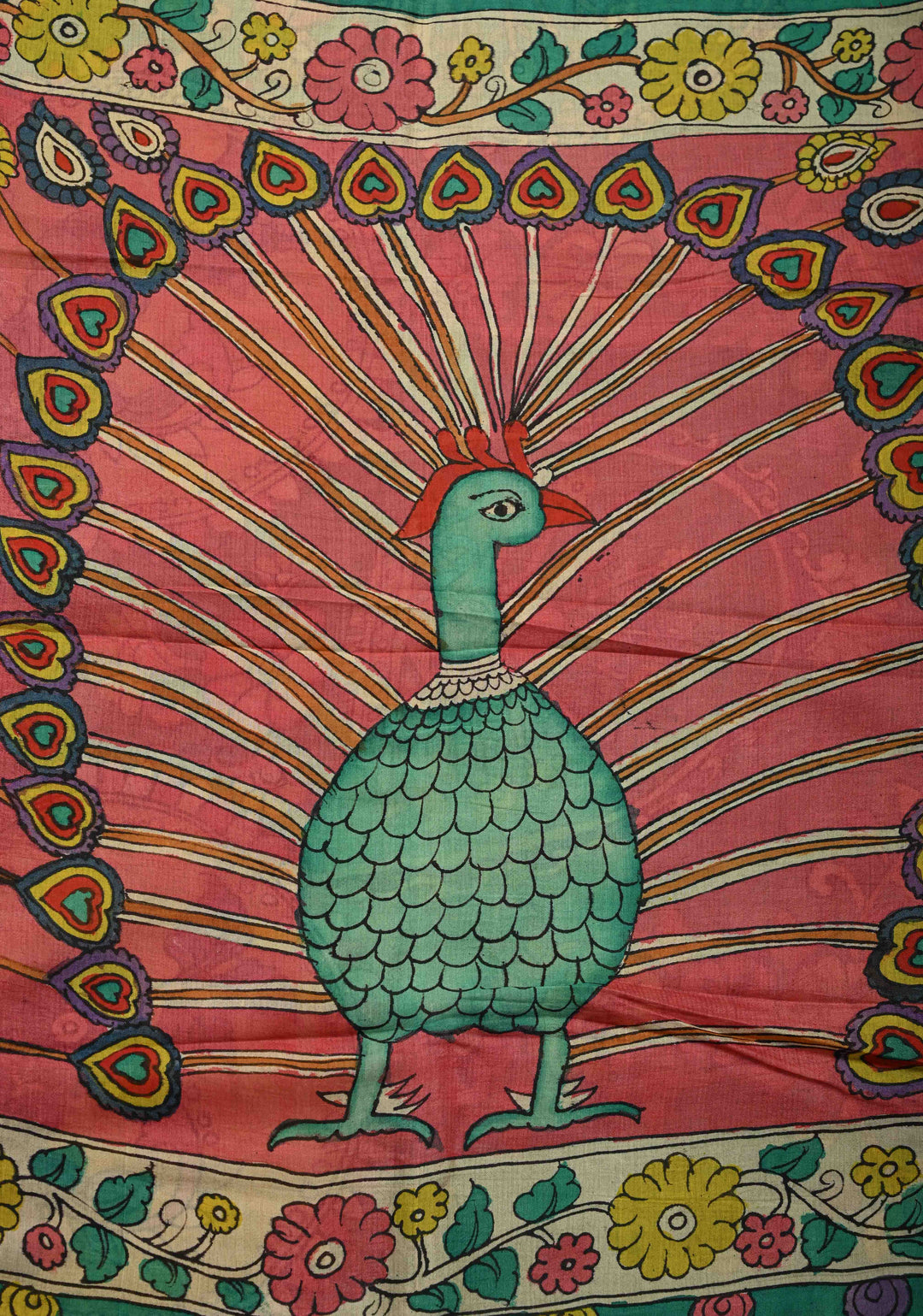 Floral and Peacock Theme : Green Authentic Pen kalamkari on Pure Chennuri Silk Saree with Wide Zari Border
