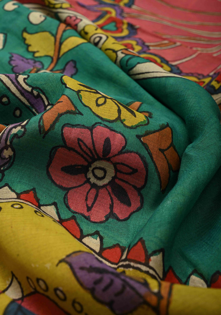 Floral and Peacock Theme : Green Authentic Pen kalamkari on Pure Chennuri Silk Saree with Wide Zari Border
