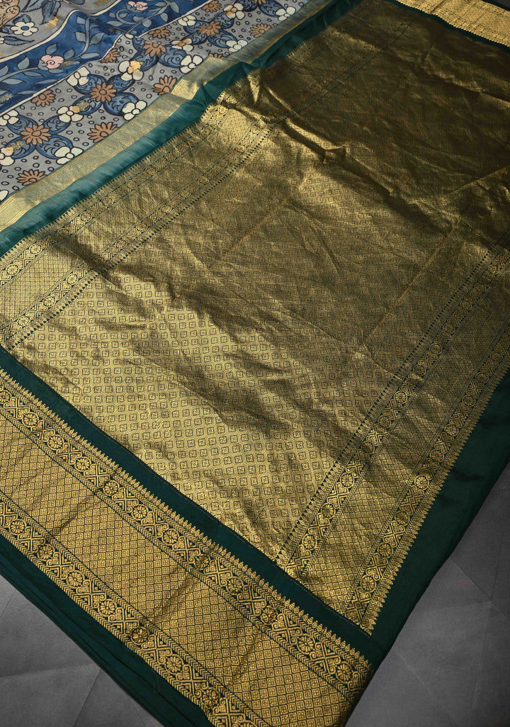 Floral and Birds Theme : Blue Authentic Pen kalamkari on Kanjivaram Silk Saree with Zari Border | SILK MARK CERTIFIED