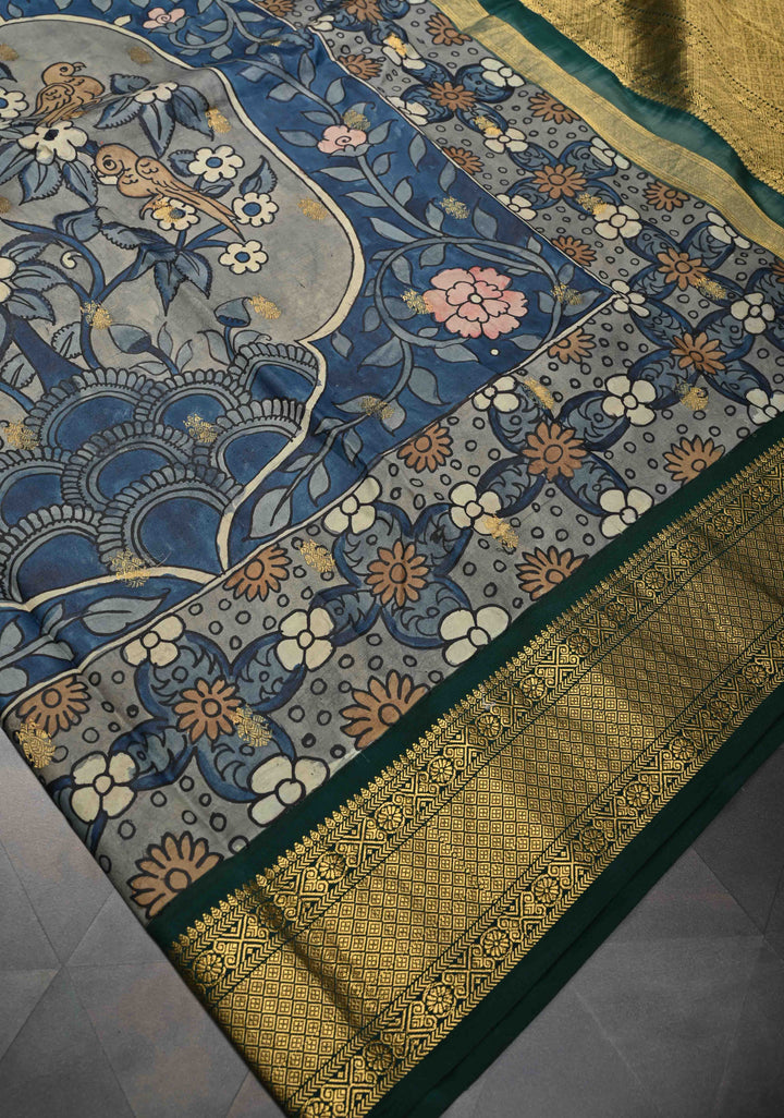 Floral and Birds Theme : Blue Authentic Pen kalamkari on Kanjivaram Silk Saree with Zari Border | SILK MARK CERTIFIED