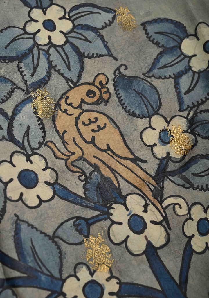 Floral and Birds Theme : Blue Authentic Pen kalamkari on Kanjivaram Silk Saree with Zari Border | SILK MARK CERTIFIED
