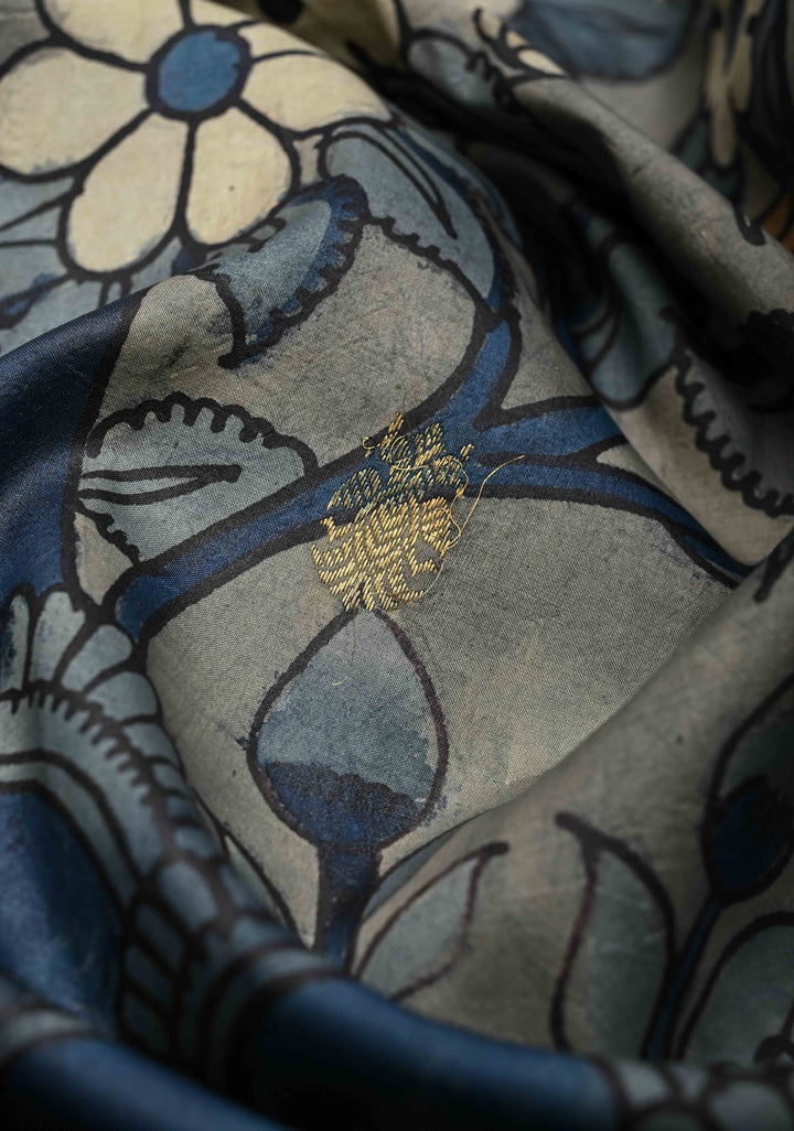 Floral and Birds Theme : Blue Authentic Pen kalamkari on Kanjivaram Silk Saree with Zari Border | SILK MARK CERTIFIED