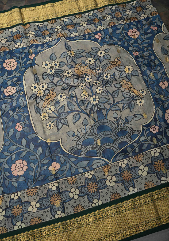 Floral and Birds Theme : Blue Authentic Pen kalamkari on Kanjivaram Silk Saree with Zari Border | SILK MARK CERTIFIED