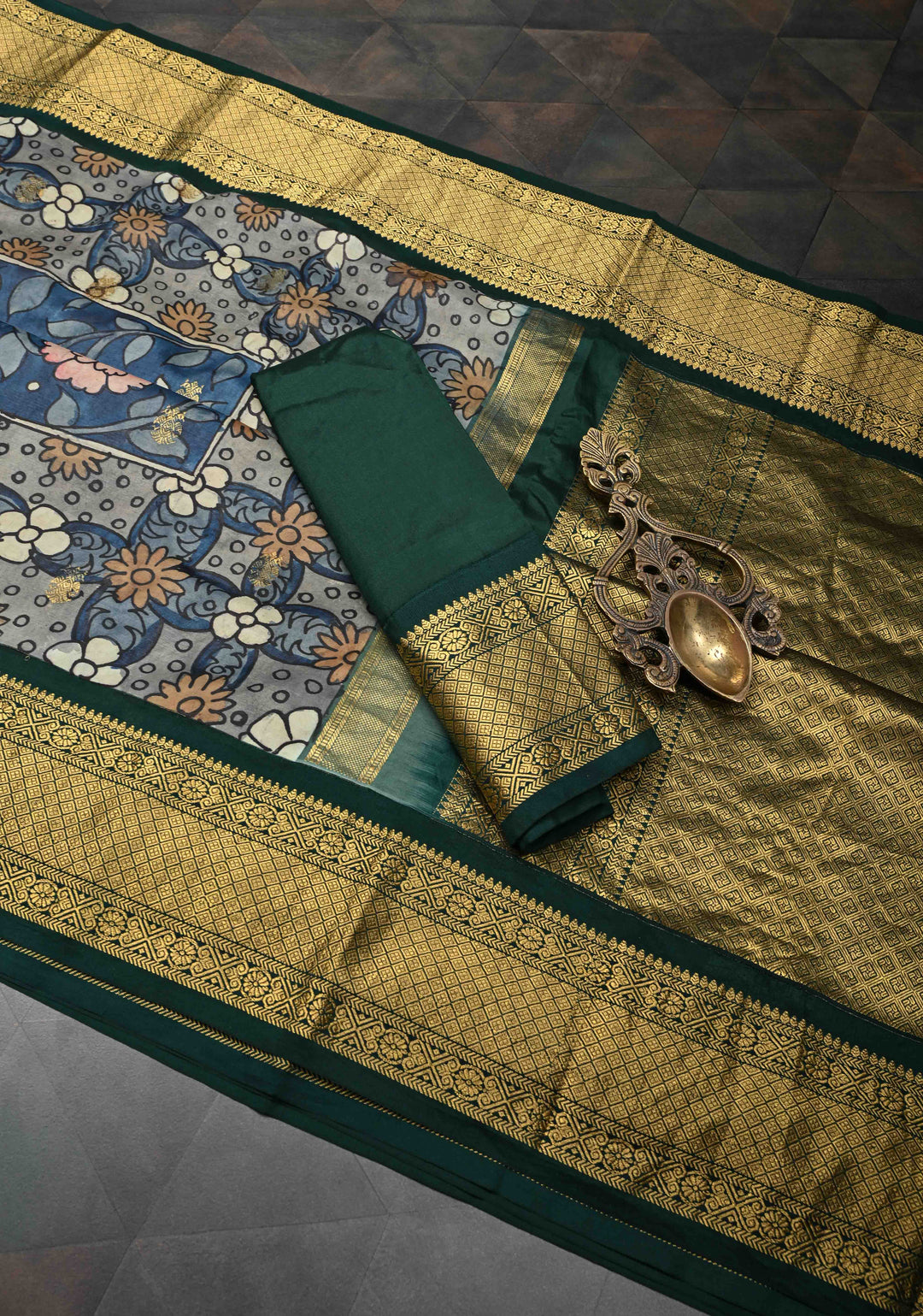 Floral and Birds Theme : Blue Authentic Pen kalamkari on Kanjivaram Silk Saree with Zari Border | SILK MARK CERTIFIED