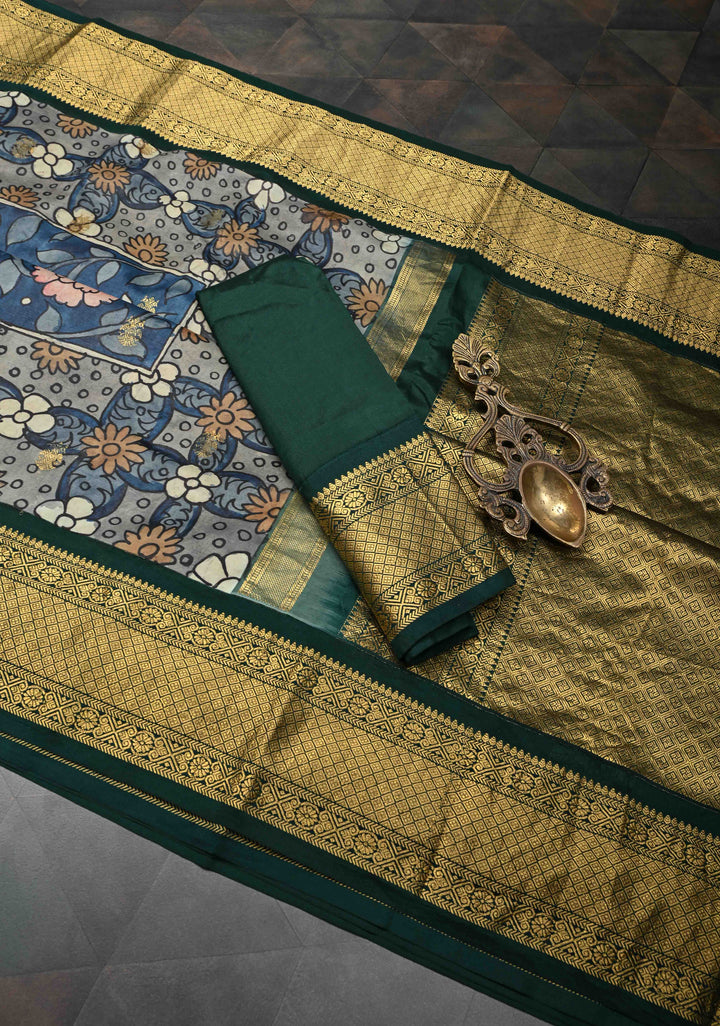 Floral and Birds Theme : Blue Authentic Pen kalamkari on Kanjivaram Silk Saree with Zari Border | SILK MARK CERTIFIED