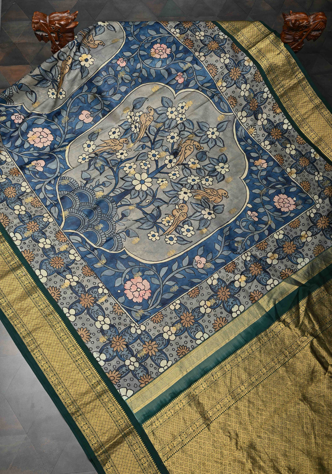 Floral and Birds Theme : Blue Authentic Pen kalamkari on Kanjivaram Silk Saree with Zari Border | SILK MARK CERTIFIED