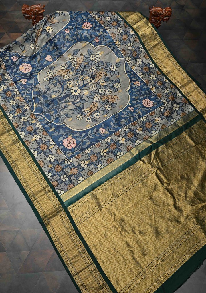 Floral and Birds Theme : Blue Authentic Pen kalamkari on Kanjivaram Silk Saree with Zari Border | SILK MARK CERTIFIED