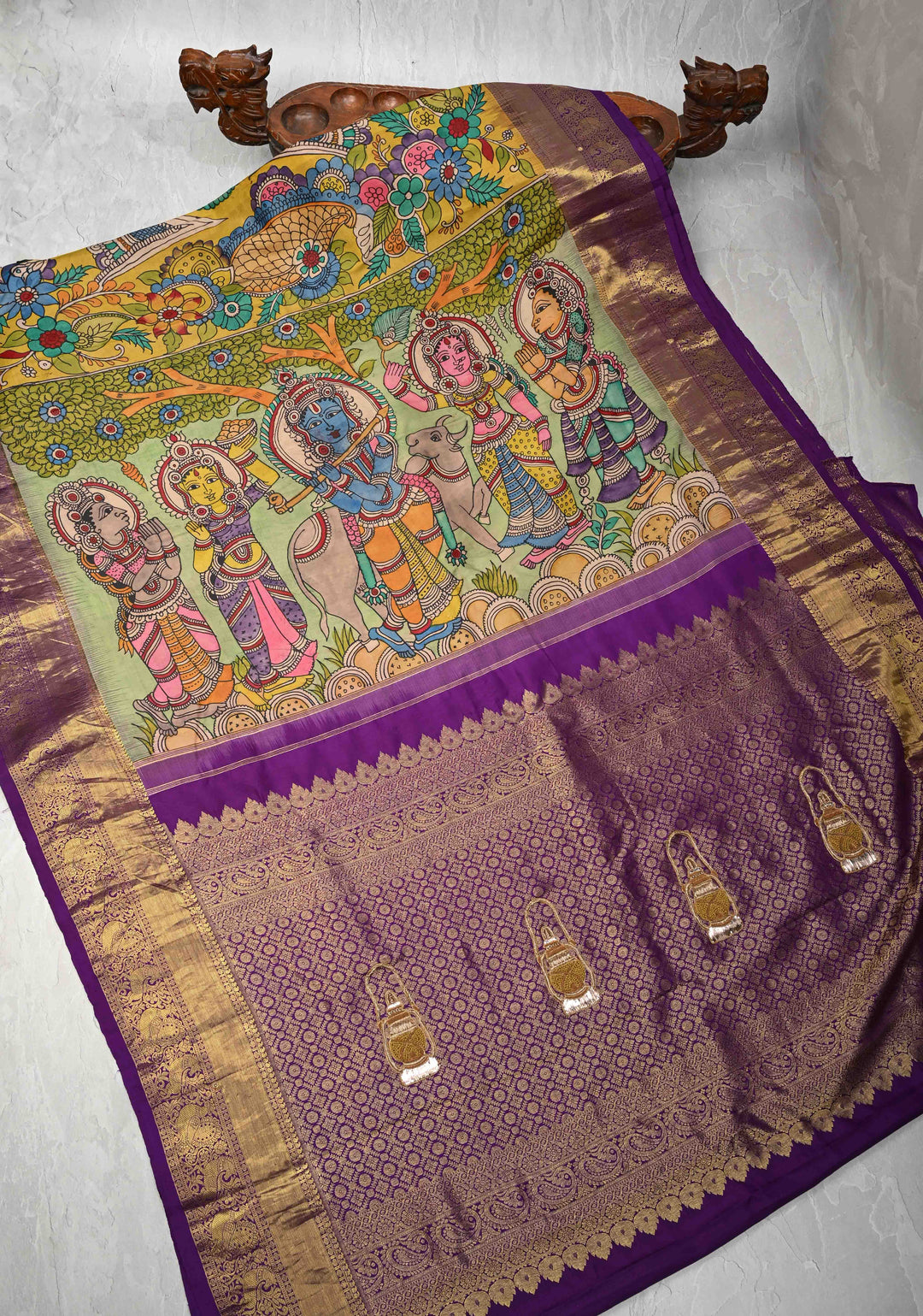 Krishna Story and Gopikas - Yellow Pen Kalamkari on Pure Kanjivaram Silk Saree with Zardosi work on Pallu | SILK MARK CERTIFIED