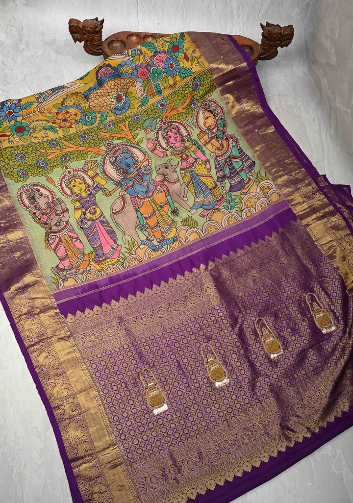 Krishna Story and Gopikas - Yellow Pen Kalamkari on Pure Kanjivaram Silk Saree with Zardosi work on Pallu | SILK MARK CERTIFIED