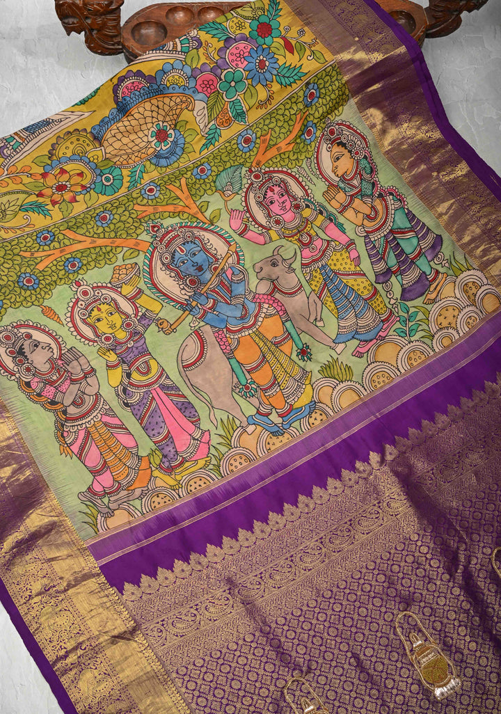Krishna Story and Gopikas - Yellow Pen Kalamkari on Pure Kanjivaram Silk Saree with Zardosi work on Pallu | SILK MARK CERTIFIED