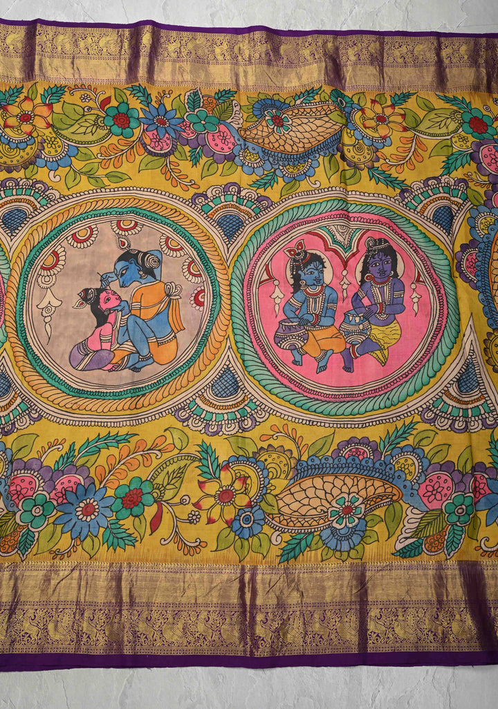 Krishna Story and Gopikas - Yellow Pen Kalamkari on Pure Kanjivaram Silk Saree with Zardosi work on Pallu | SILK MARK CERTIFIED