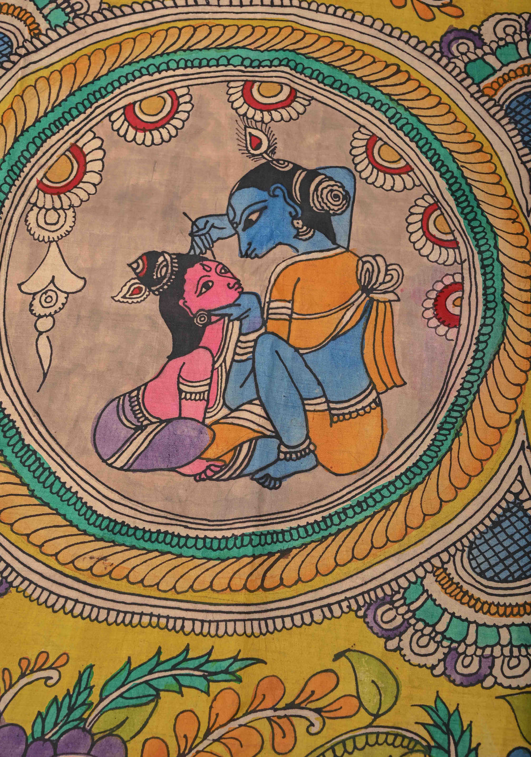 Krishna Story and Gopikas - Yellow Pen Kalamkari on Pure Kanjivaram Silk Saree with Zardosi work on Pallu | SILK MARK CERTIFIED