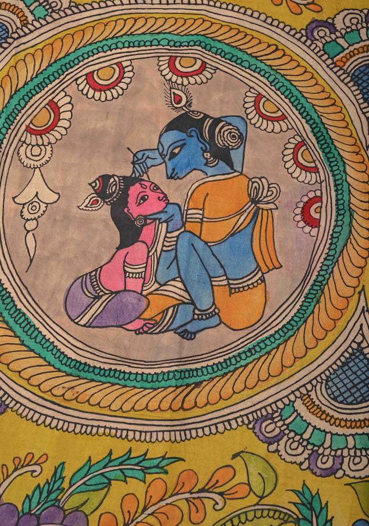 Krishna Story and Gopikas - Yellow Pen Kalamkari on Pure Kanjivaram Silk Saree with Zardosi work on Pallu | SILK MARK CERTIFIED
