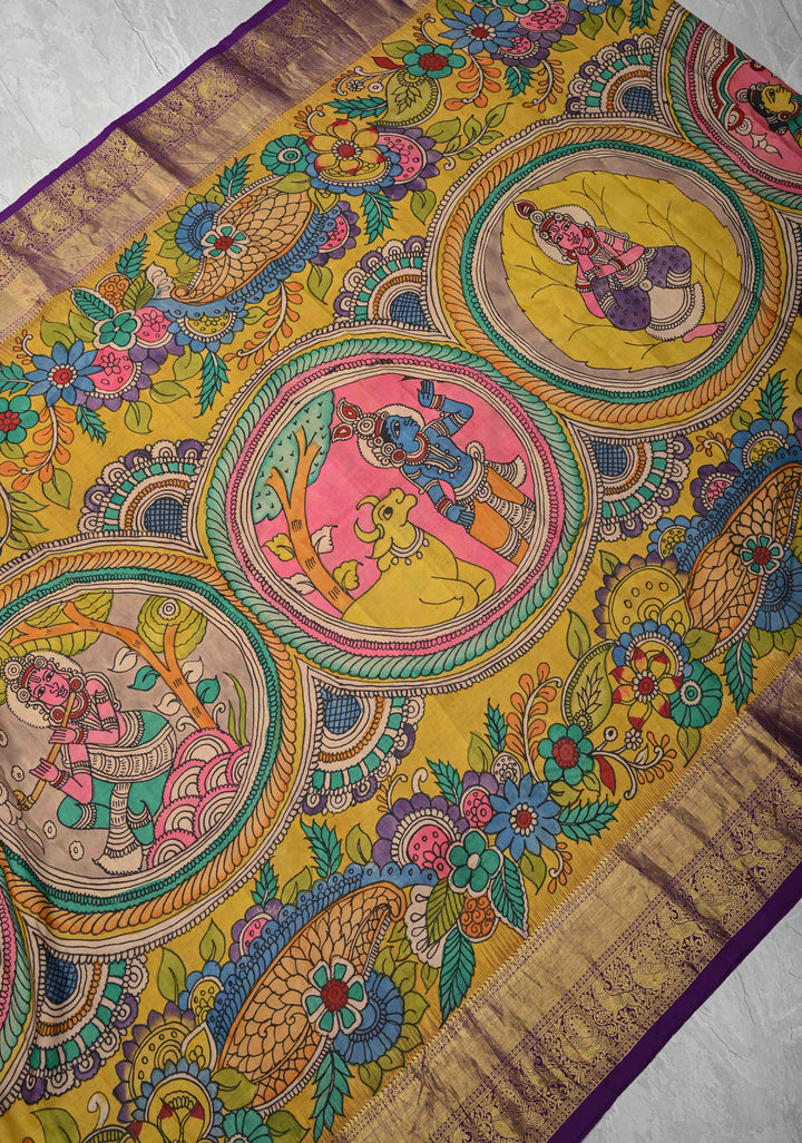 Krishna Story and Gopikas - Yellow Pen Kalamkari on Pure Kanjivaram Silk Saree with Zardosi work on Pallu | SILK MARK CERTIFIED