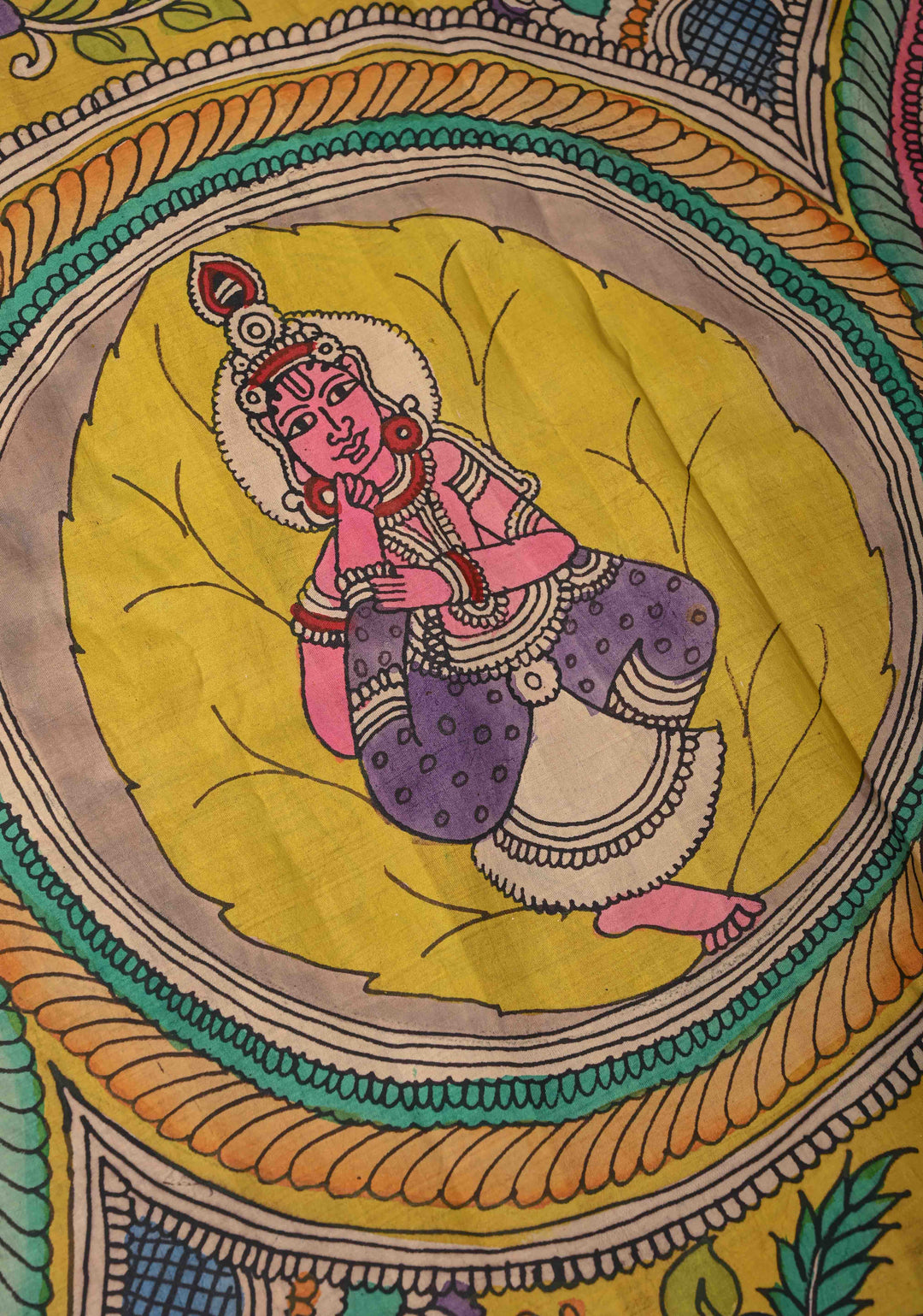 Krishna Story and Gopikas - Yellow Pen Kalamkari on Pure Kanjivaram Silk Saree with Zardosi work on Pallu | SILK MARK CERTIFIED