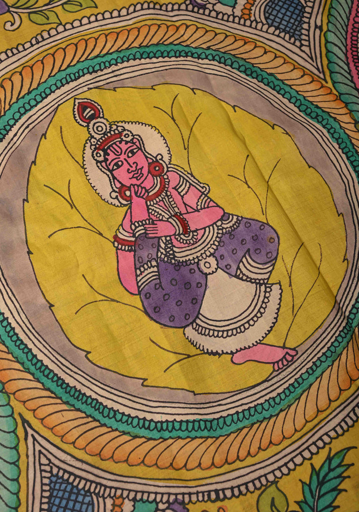 Krishna Story and Gopikas - Yellow Pen Kalamkari on Pure Kanjivaram Silk Saree with Zardosi work on Pallu | SILK MARK CERTIFIED