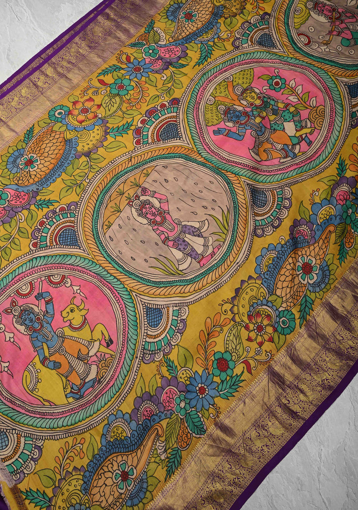 Krishna Story and Gopikas - Yellow Pen Kalamkari on Pure Kanjivaram Silk Saree with Zardosi work on Pallu | SILK MARK CERTIFIED