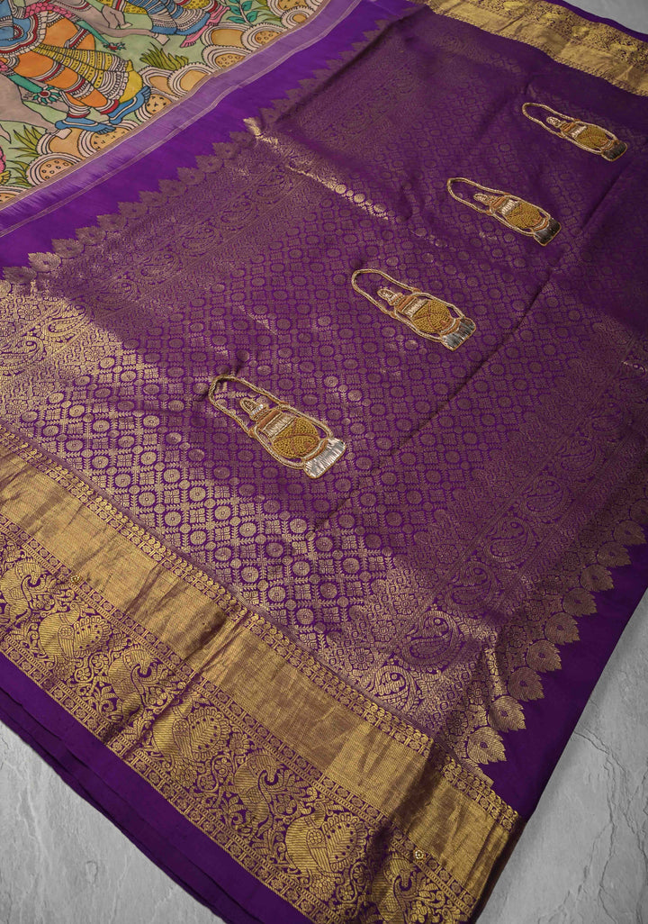 Krishna Story and Gopikas - Yellow Pen Kalamkari on Pure Kanjivaram Silk Saree with Zardosi work on Pallu | SILK MARK CERTIFIED