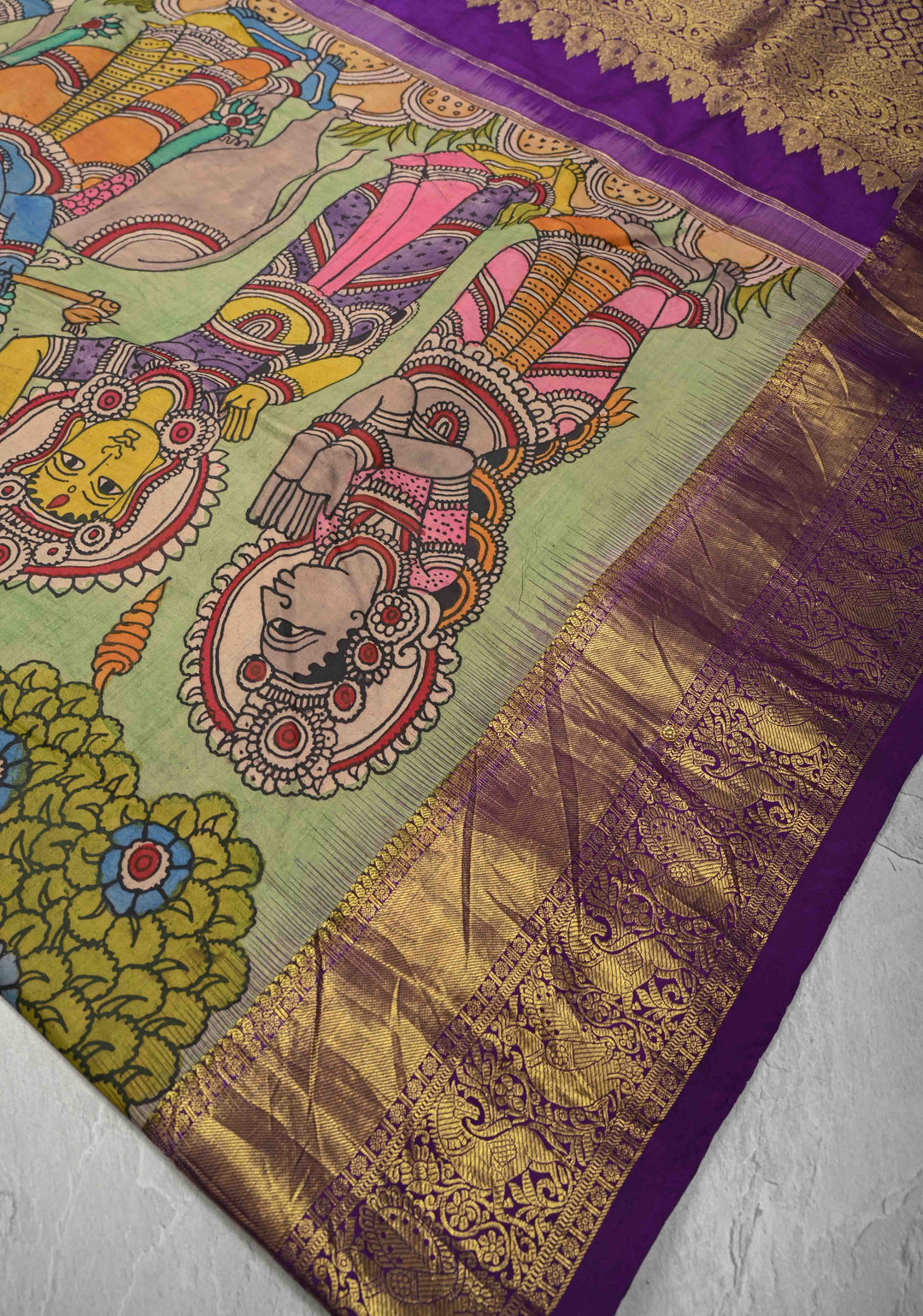 Krishna Story and Gopikas - Yellow Pen Kalamkari on Pure Kanjivaram Silk Saree with Zardosi work on Pallu | SILK MARK CERTIFIED