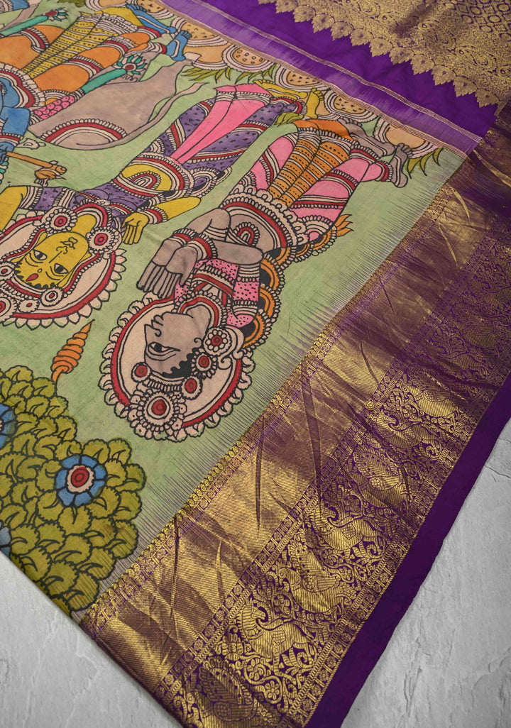 Krishna Story and Gopikas - Yellow Pen Kalamkari on Pure Kanjivaram Silk Saree with Zardosi work on Pallu | SILK MARK CERTIFIED