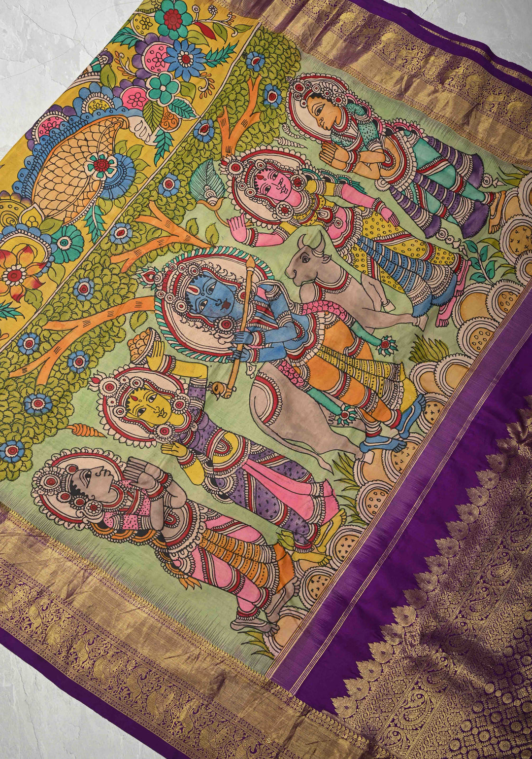 Krishna Story and Gopikas - Yellow Pen Kalamkari on Pure Kanjivaram Silk Saree with Zardosi work on Pallu | SILK MARK CERTIFIED