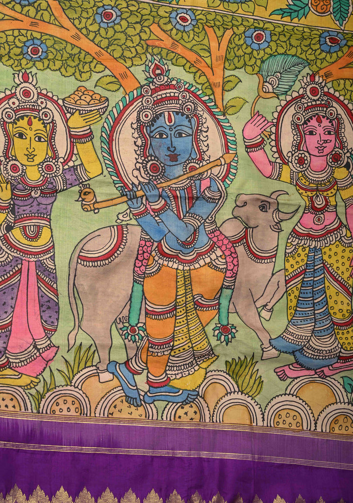 Krishna Story and Gopikas - Yellow Pen Kalamkari on Pure Kanjivaram Silk Saree with Zardosi work on Pallu | SILK MARK CERTIFIED