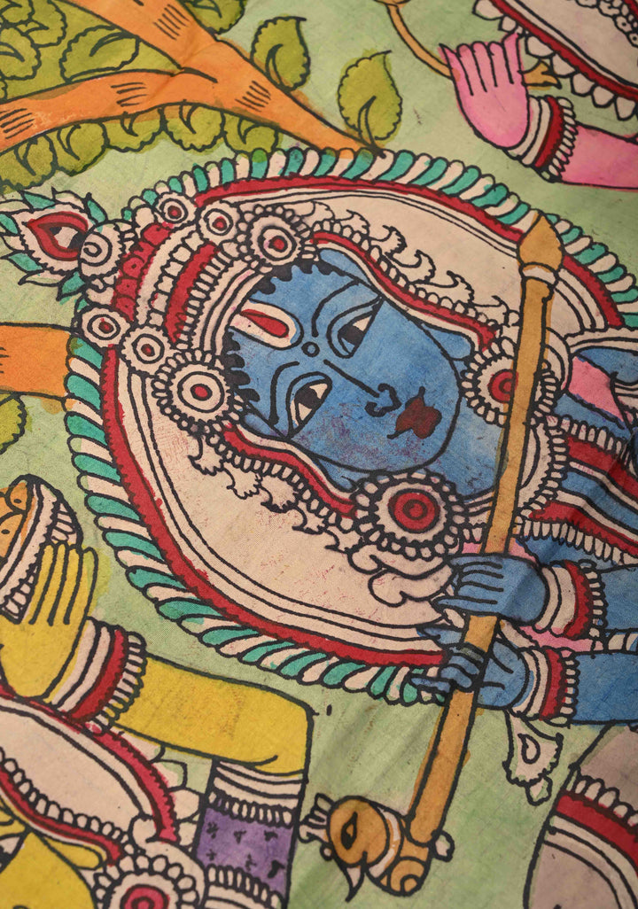 Krishna Story and Gopikas - Yellow Pen Kalamkari on Pure Kanjivaram Silk Saree with Zardosi work on Pallu | SILK MARK CERTIFIED