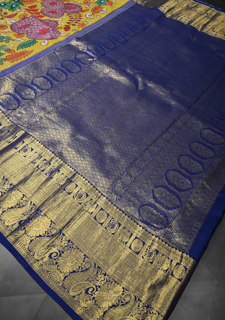 Floral Theme : Yellow Authentic Floral Brocade Pen kalamkari on Kanjivaram Silk Saree with Zari Border | SILK MARK CERTIFIED