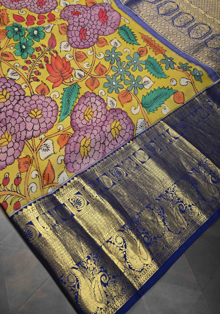Floral Theme : Yellow Authentic Floral Brocade Pen kalamkari on Kanjivaram Silk Saree with Zari Border | SILK MARK CERTIFIED