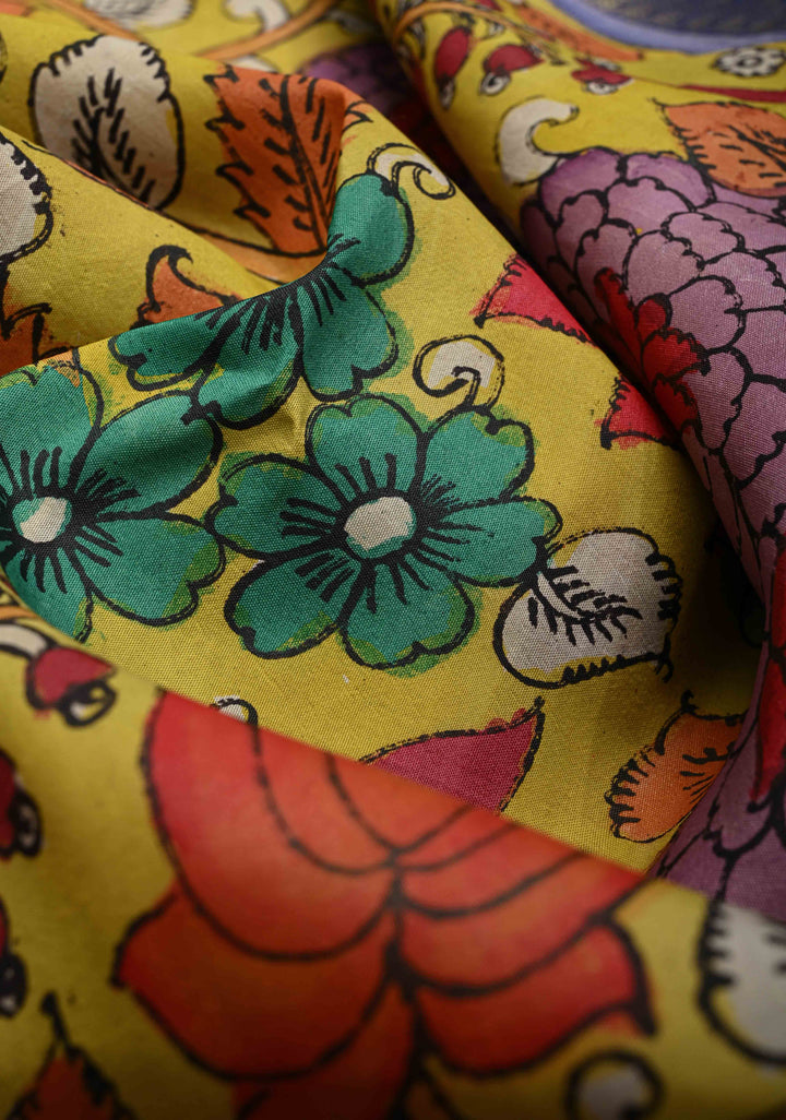 Floral Theme : Yellow Authentic Floral Brocade Pen kalamkari on Kanjivaram Silk Saree with Zari Border | SILK MARK CERTIFIED