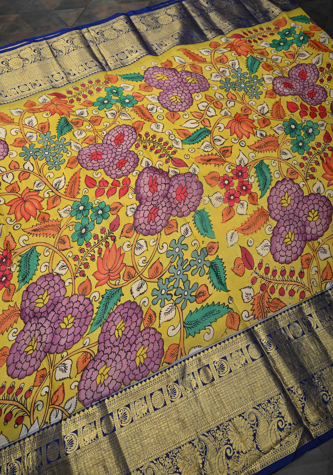 Floral Theme : Yellow Authentic Floral Brocade Pen kalamkari on Kanjivaram Silk Saree with Zari Border | SILK MARK CERTIFIED