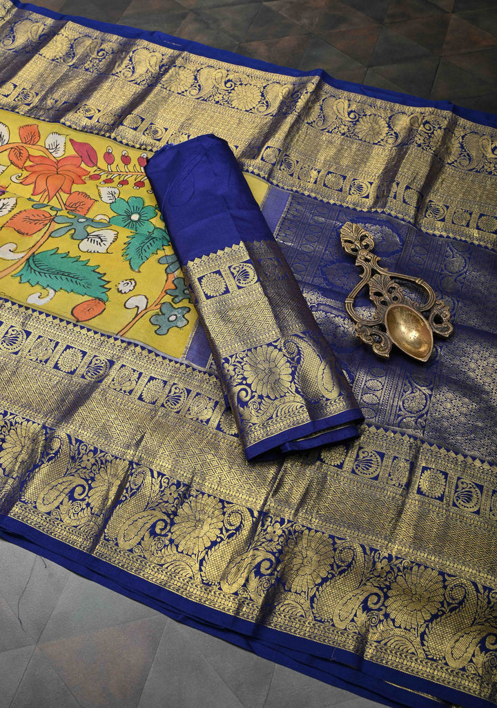Floral Theme : Yellow Authentic Floral Brocade Pen kalamkari on Kanjivaram Silk Saree with Zari Border | SILK MARK CERTIFIED