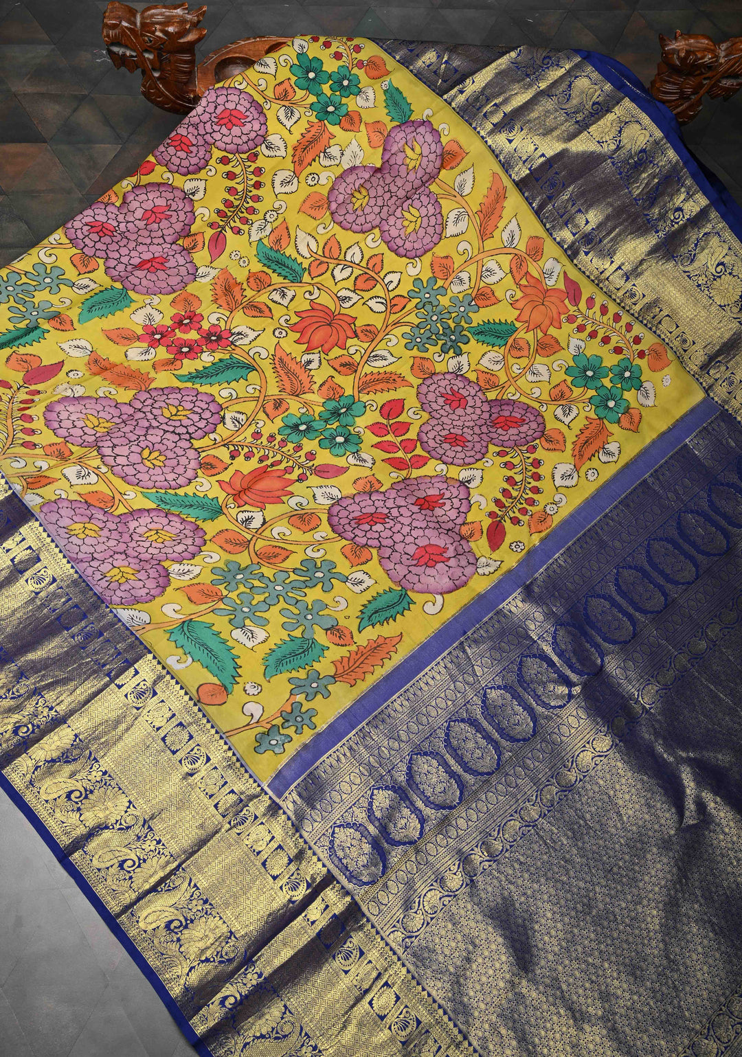 Floral Theme : Yellow Authentic Floral Brocade Pen kalamkari on Kanjivaram Silk Saree with Zari Border | SILK MARK CERTIFIED
