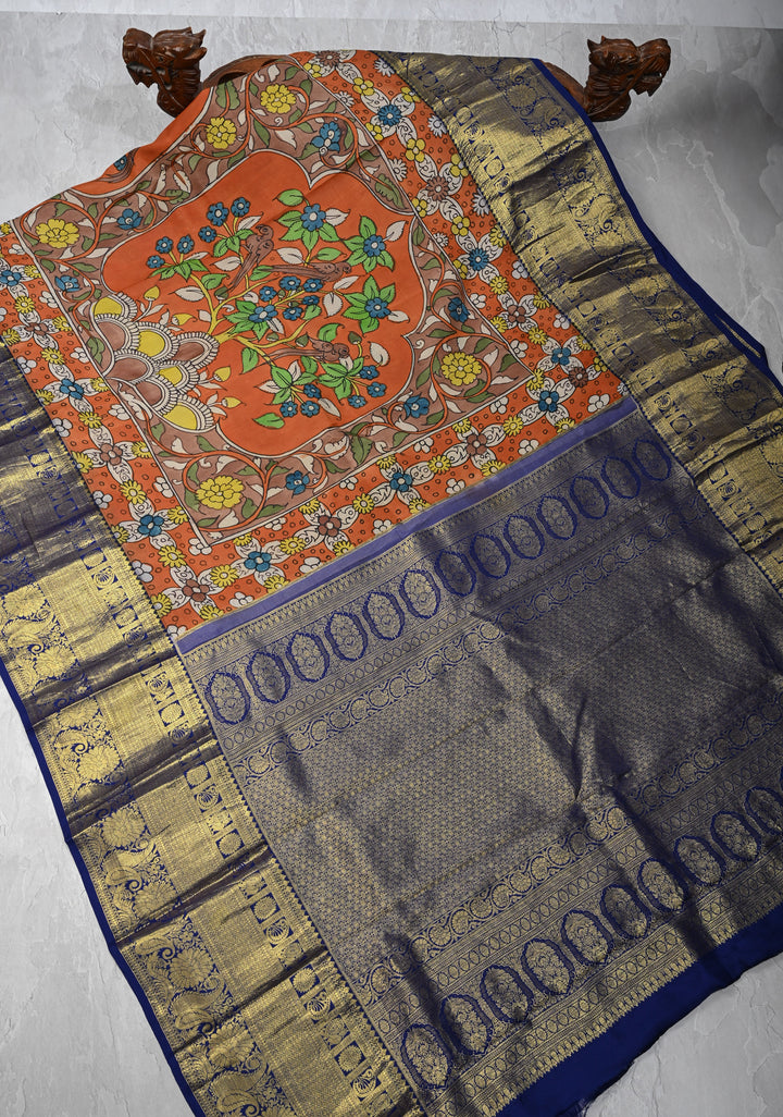 Floral Theme : Orange Authentic Pen kalamkari on Kanjivaram Silk Saree with Zari Border | SILK MARK CERTIFIED