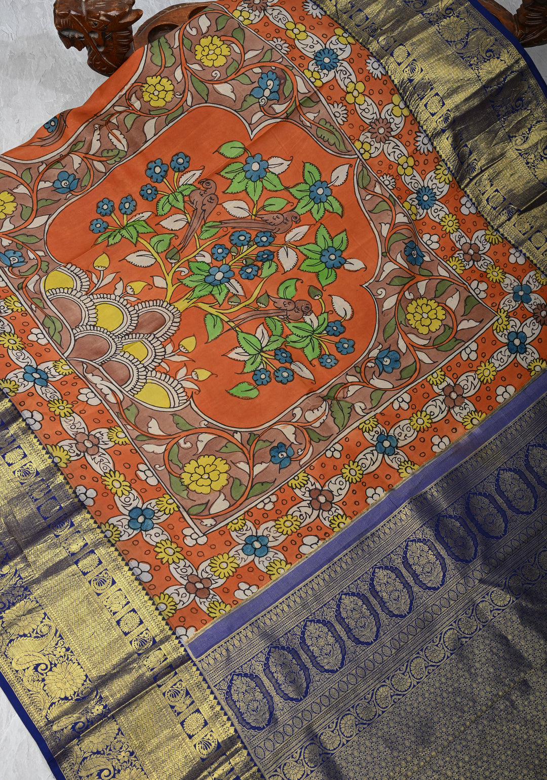 Floral Theme : Orange Authentic Pen kalamkari on Kanjivaram Silk Saree with Zari Border | SILK MARK CERTIFIED