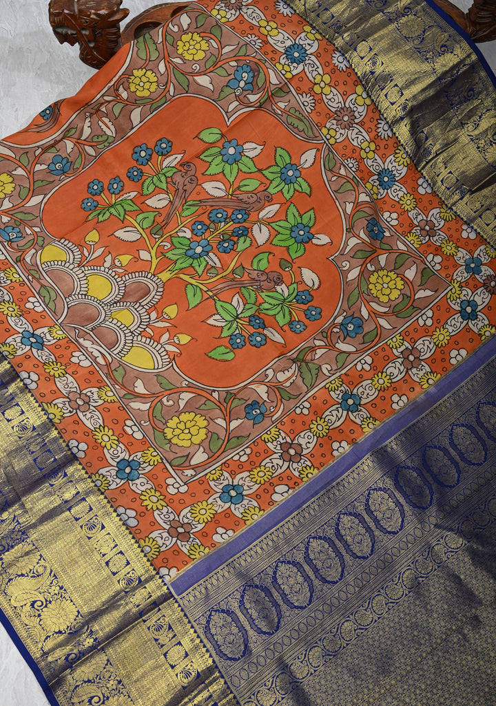 Floral Theme : Orange Authentic Pen kalamkari on Kanjivaram Silk Saree with Zari Border | SILK MARK CERTIFIED