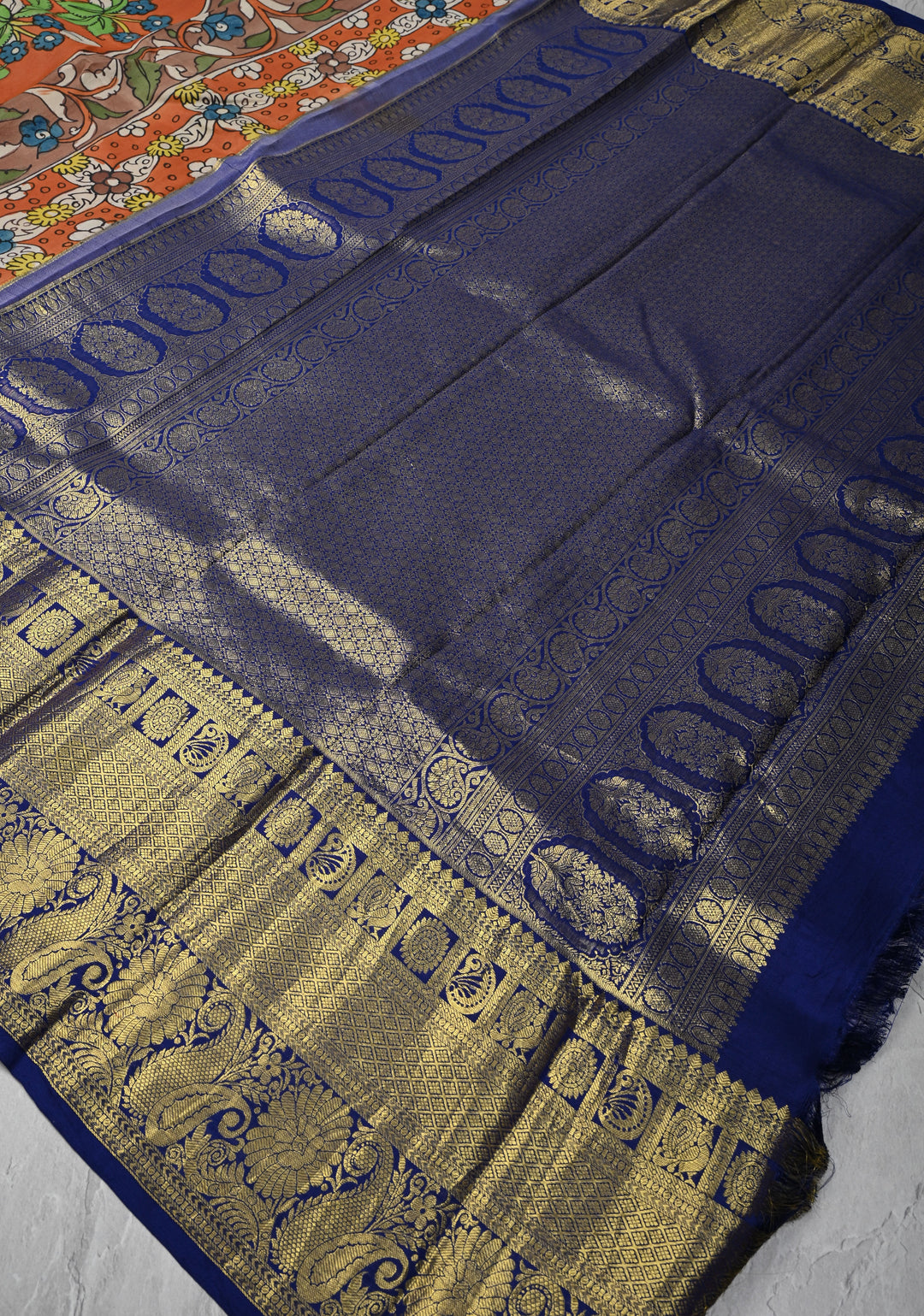 Floral Theme : Orange Authentic Pen kalamkari on Kanjivaram Silk Saree with Zari Border | SILK MARK CERTIFIED