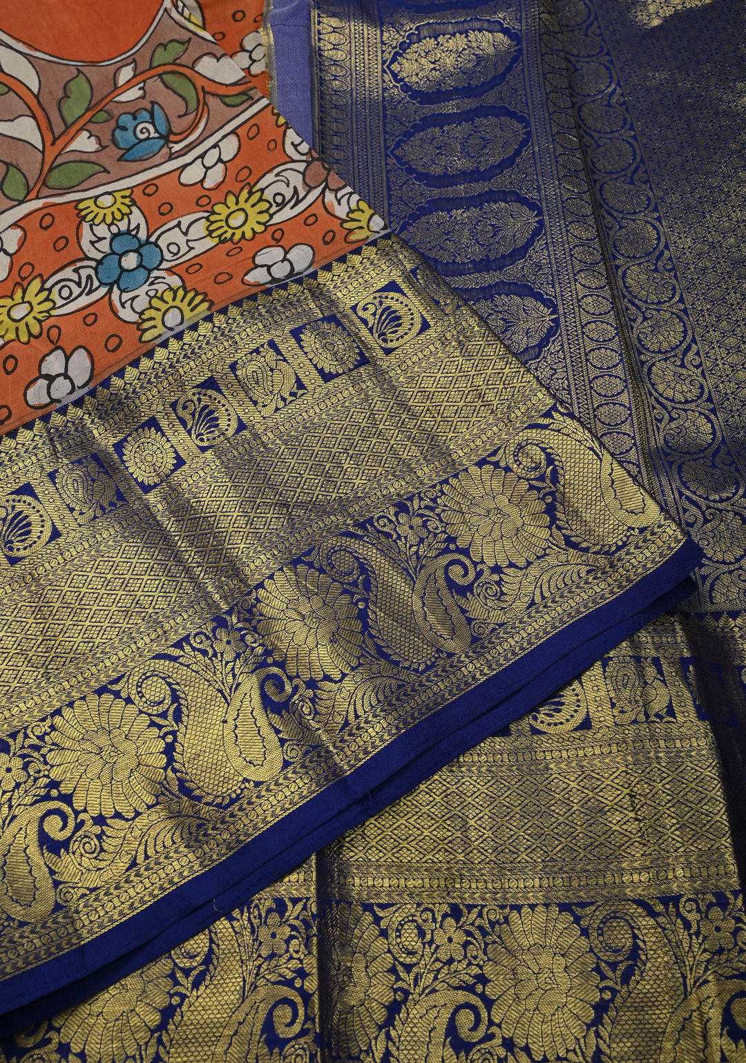 Floral Theme : Orange Authentic Pen kalamkari on Kanjivaram Silk Saree with Zari Border | SILK MARK CERTIFIED