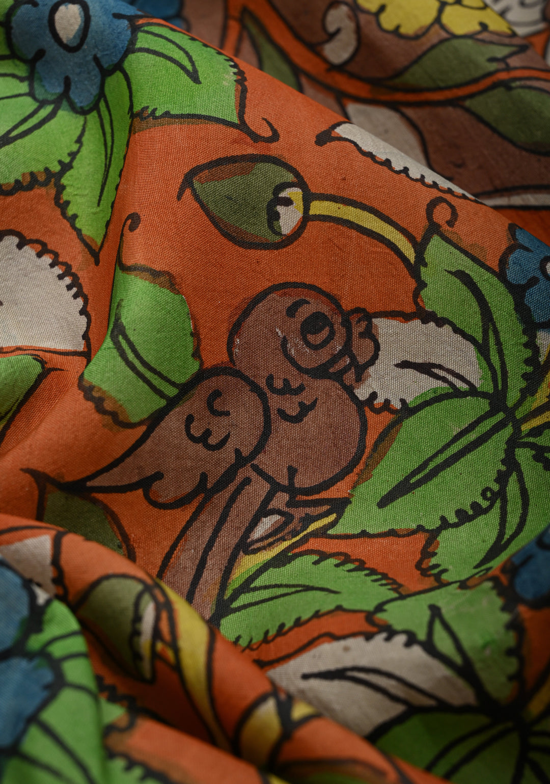 Floral Theme : Orange Authentic Pen kalamkari on Kanjivaram Silk Saree with Zari Border | SILK MARK CERTIFIED