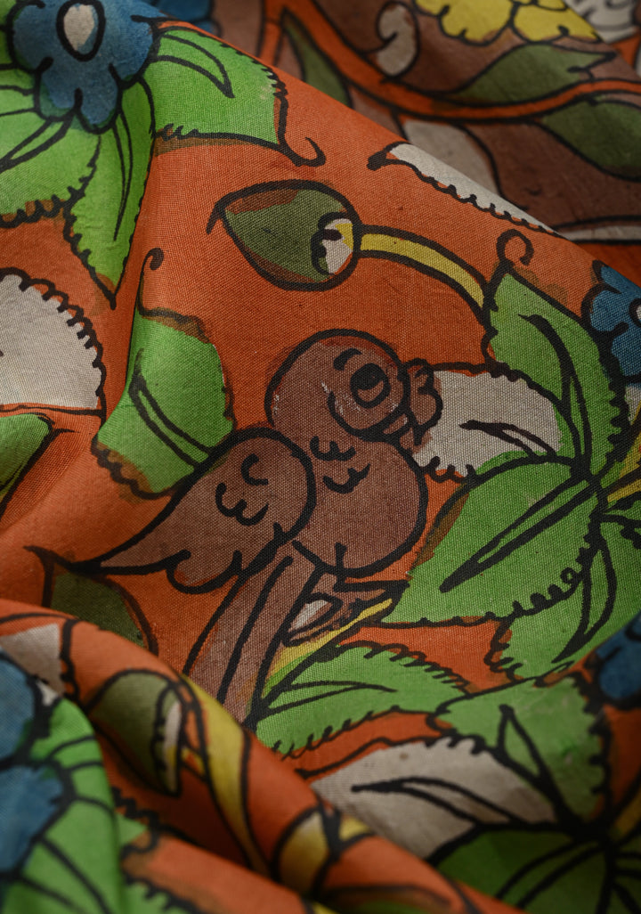 Floral Theme : Orange Authentic Pen kalamkari on Kanjivaram Silk Saree with Zari Border | SILK MARK CERTIFIED