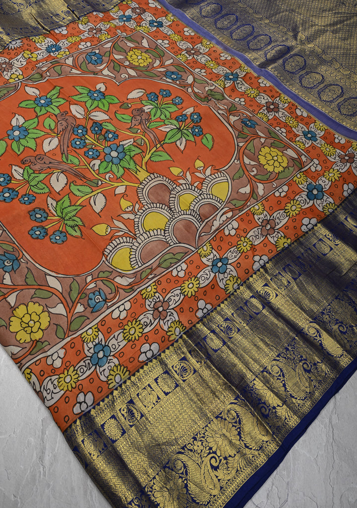 Floral Theme : Orange Authentic Pen kalamkari on Kanjivaram Silk Saree with Zari Border | SILK MARK CERTIFIED