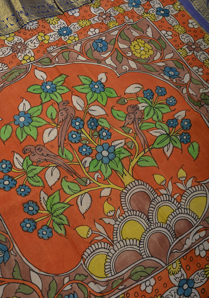 Floral Theme : Orange Authentic Pen kalamkari on Kanjivaram Silk Saree with Zari Border | SILK MARK CERTIFIED
